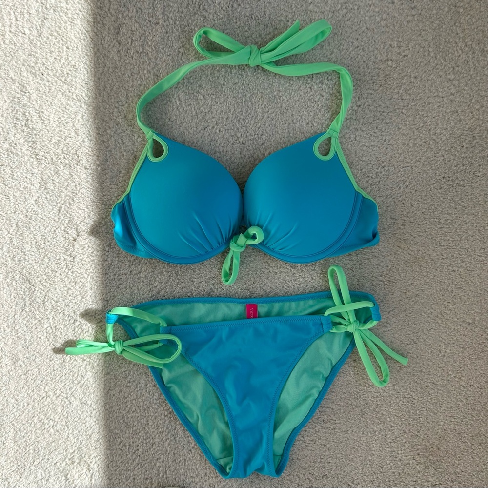 NWOT Victoria’s Secret Blue Green Bikini Set Push Up Halter Tie Side
